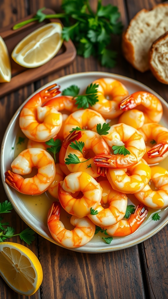 Garlic butter shrimp served on a plate, garnished with parsley and lemon wedges, with crusty bread on the side.